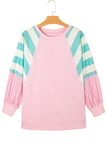 Light Pink Striped Color Block Patchwork Raglan Sleeve Top
