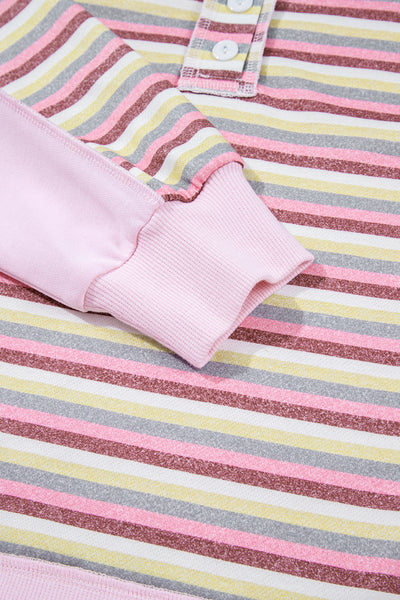 Pink Striped Patchwork Henley Sweatshirt