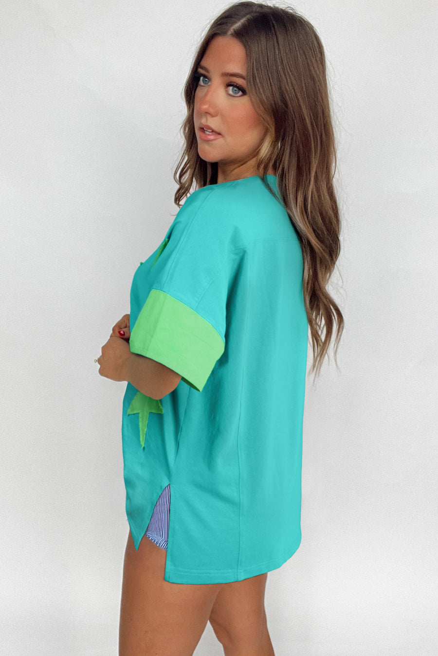 Aruba Blue & Lime Green Frayed Star Patch Oversized T-Shirt