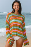 Openwork Side Slit Crew Neck Striped Cover-Up B- 2 Colors