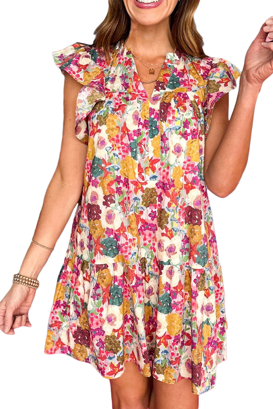 Multicolored Floral Notched Neck Ruffle Mini Dress