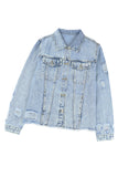 Light Blue Distressed Ripped Raw Hem Denim Jacket