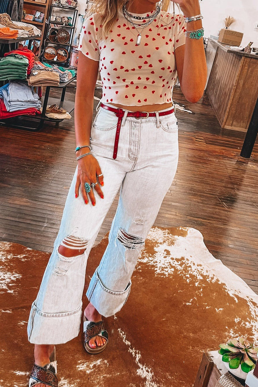 All Over Heart Print Mesh Short Sleeve Top- 2 Colors