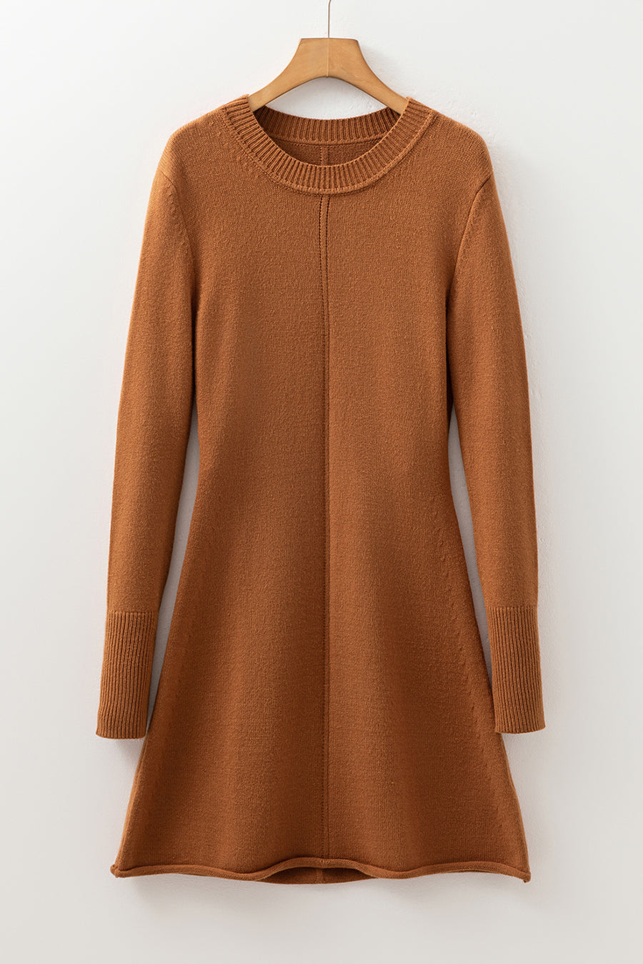 Rust Ribbed Detail Mini Sweater Dress