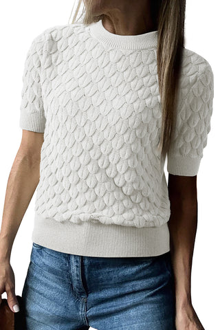 White Fish Scale Textured Knit Ribbed High Neck Short Sleeve Sweater