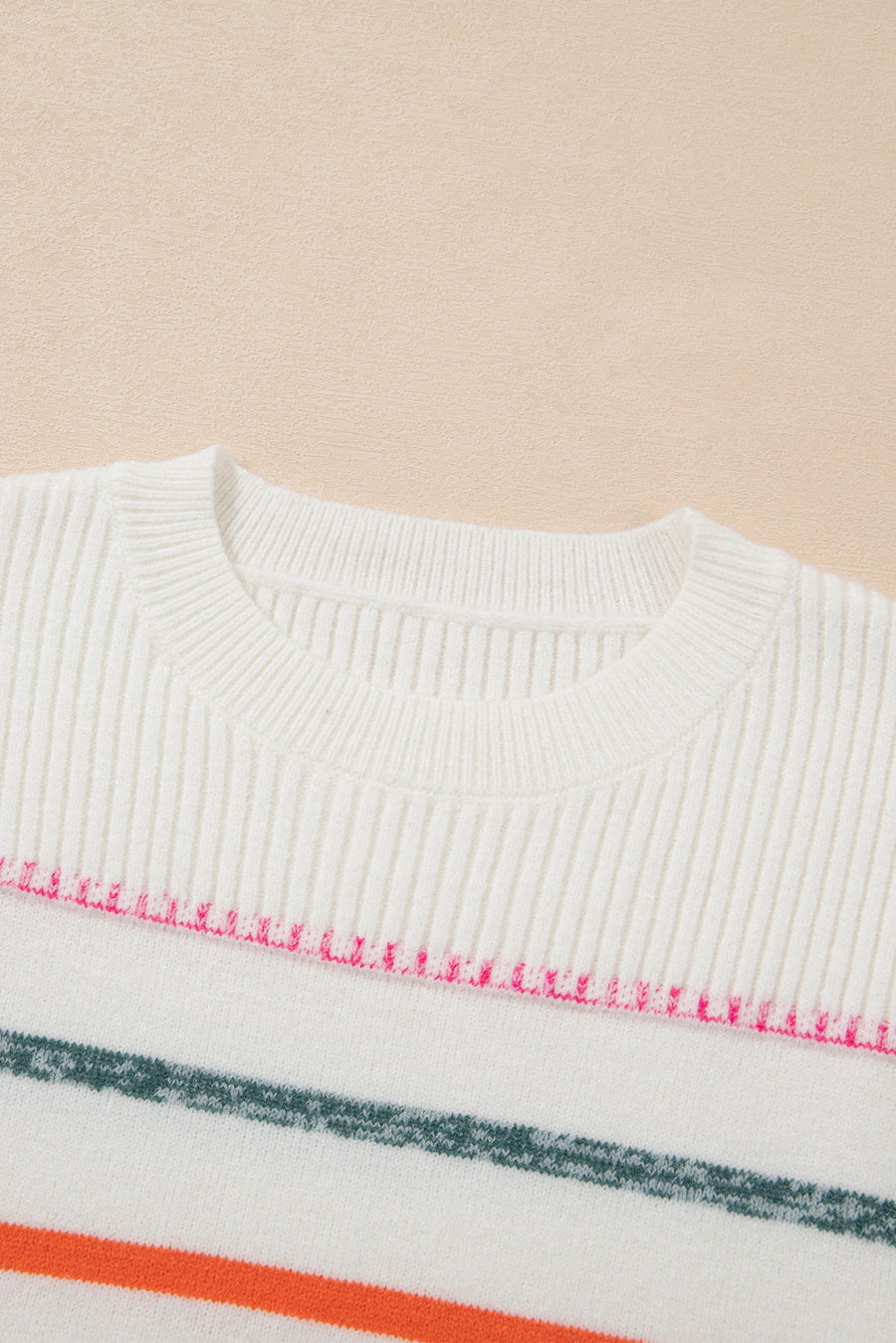 Multicolored Striped Ribbed Trim Crew Neck Sweater- 2 Colors