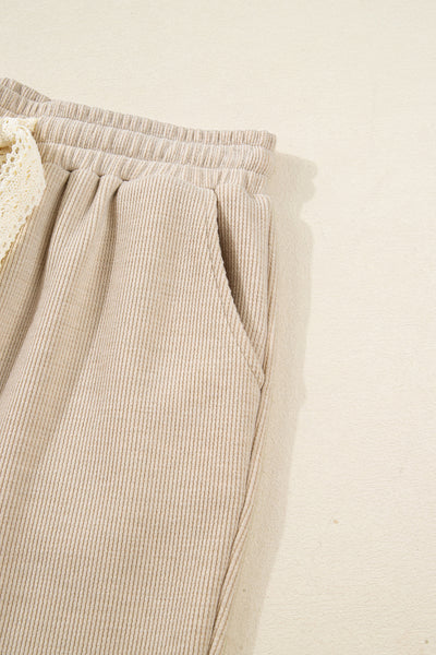 Dark Khaki Drawstring Pullover Hoodie and High Waist Pants Corduroy Suit