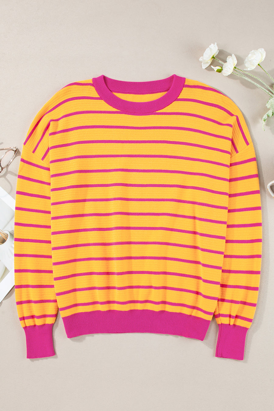 Striped Crew Neck Drop Shoulder Loose Sweater- 3 Colors