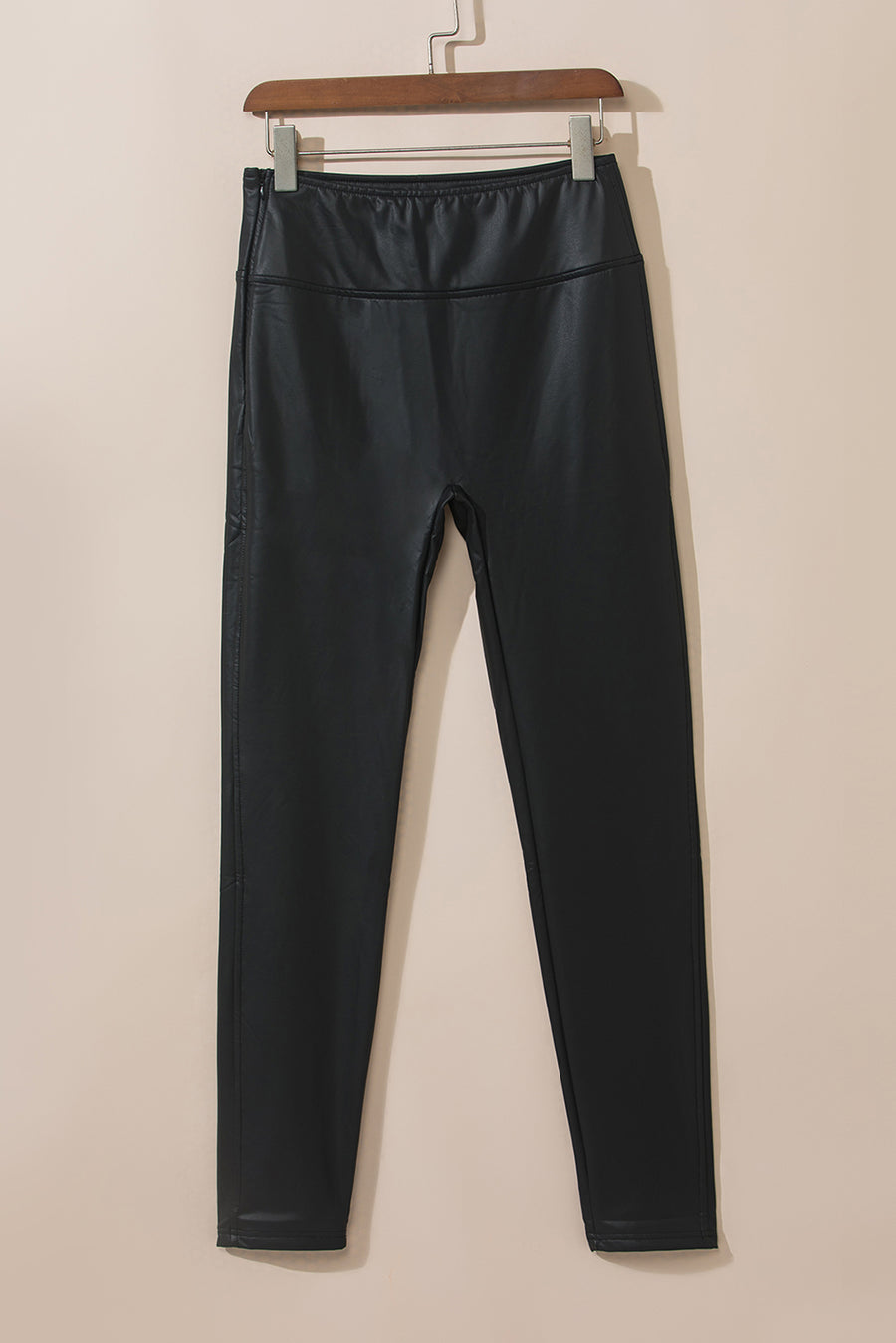 Black Piping Trim Sleek Faux Leather High Waist Leggings