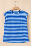 Striped Ribbed Cap Sleeve Crew Neck T-Shirt- 2 Colors
