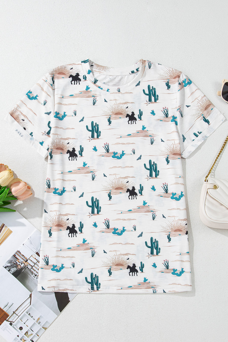 Beige Cactus Cowboy Crew Neck Short Sleeve Graphic T-Shirt