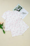 Pink Floral Print Lettuce Trim Short Sleeve Top and Shorts Pajama Set