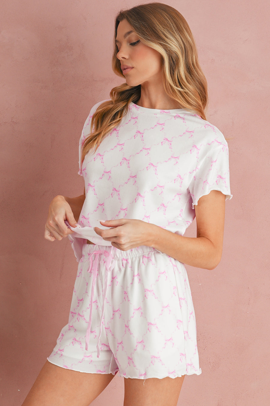 Pink Bow Print Lettuce Trim Short Sleeve Top and Shorts Pajama Set