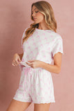 Pink Bow Print Lettuce Trim Short Sleeve Top and Shorts Pajama Set
