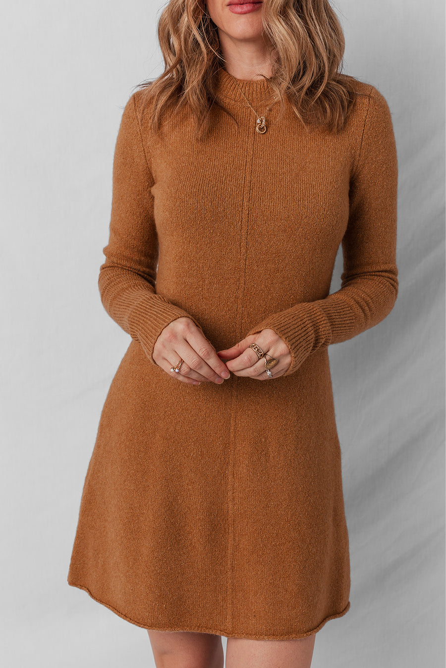 Rust Ribbed Detail Mini Sweater Dress
