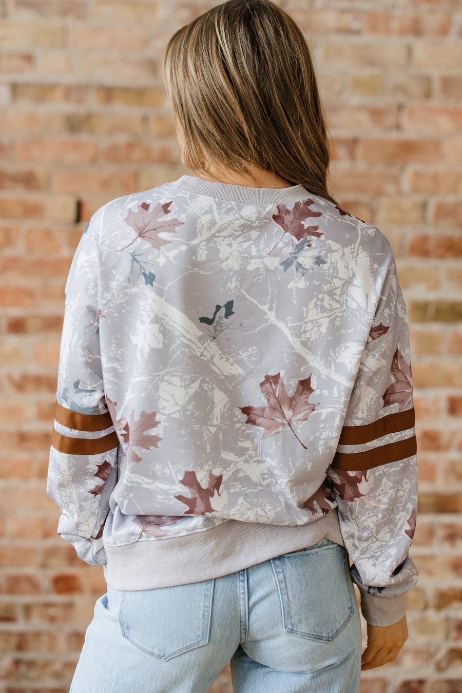 Gray Maple Leaf Camouflage Print Varsity Striped Sleeve Casual Sweatshirt