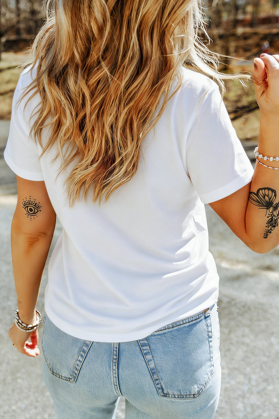White Embroidered American Flags and Bows Short Sleeve T-Shirt