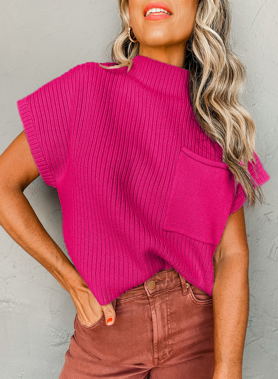 Green Pocket Ribbed Knit Short Sleeve Sweater- 9 Colors