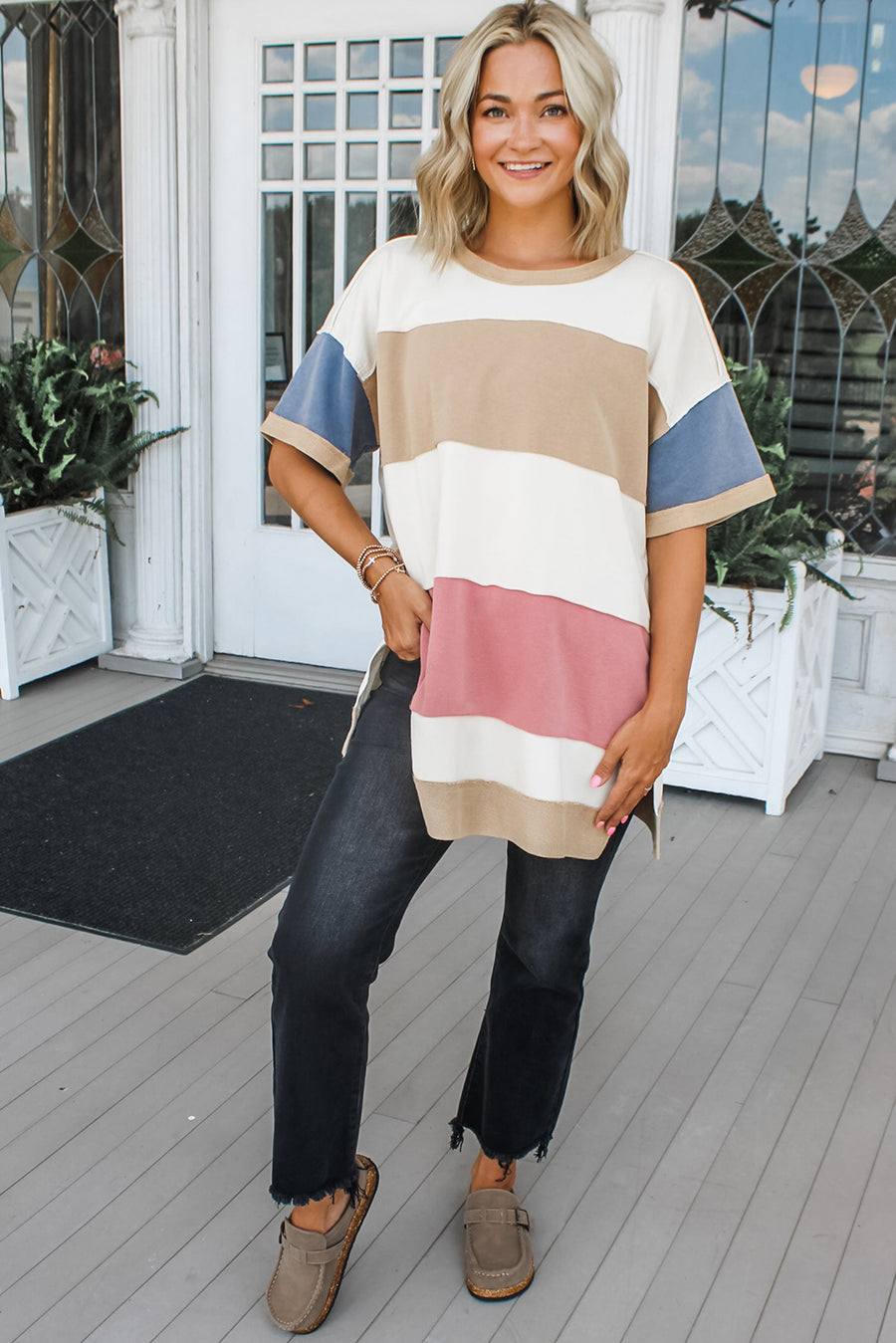 Dusty Color Block Patchwork Side Slit Tunic T-Shirt