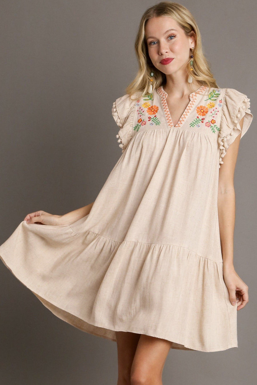 Jet Stream Linen Embroidered Notch Neck Pom Pom Ruffle Sleeve Mini Dress