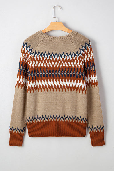 Khaki Geometric Print Colorblock Crew Neck Sweater