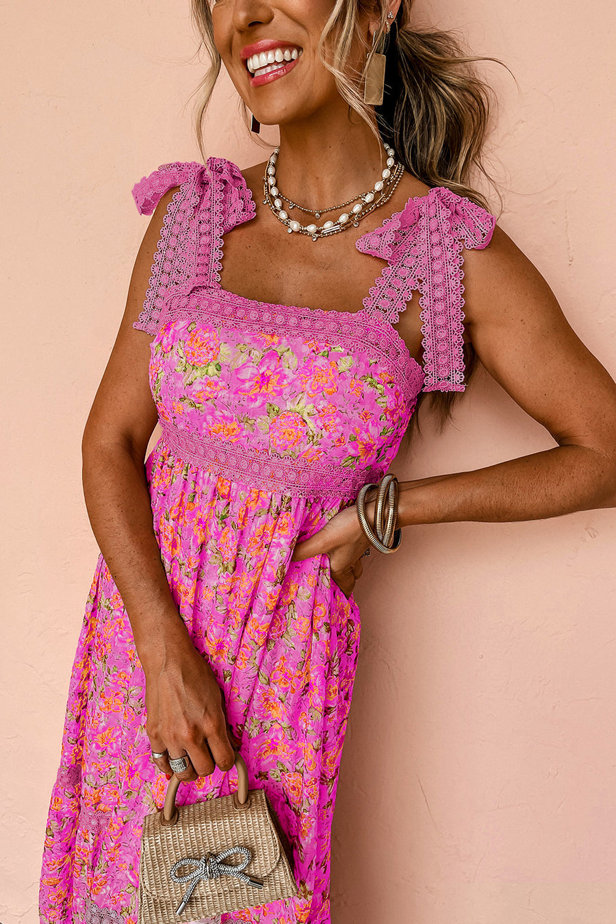 Floral Lace Tied Strap Empire Waist Maxi Dress- 2 Colors