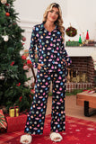 Navy Blue Colorful Christmas Lights Print Long Sleeve Pajama Set