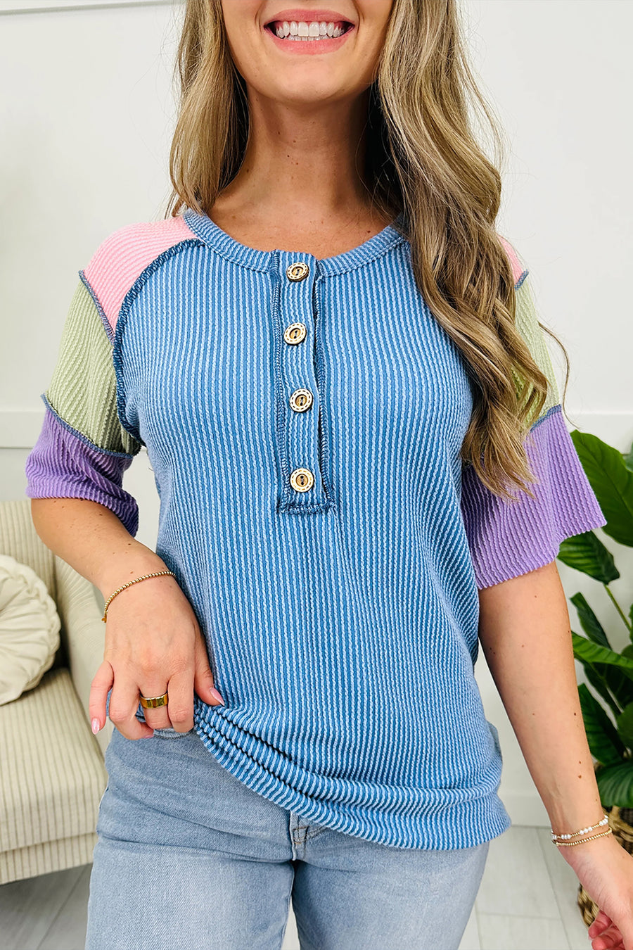 Twist Ribbed Color Block Patchwork Short Sleeve Henley T-Shirt- 2 Colors
