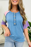 Twist Ribbed Color Block Patchwork Short Sleeve Henley T-Shirt- 2 Colors