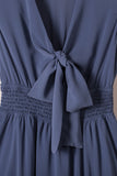Slate Blue Deep V-Neck Tie Front Bow Layered Flare Mini Dress