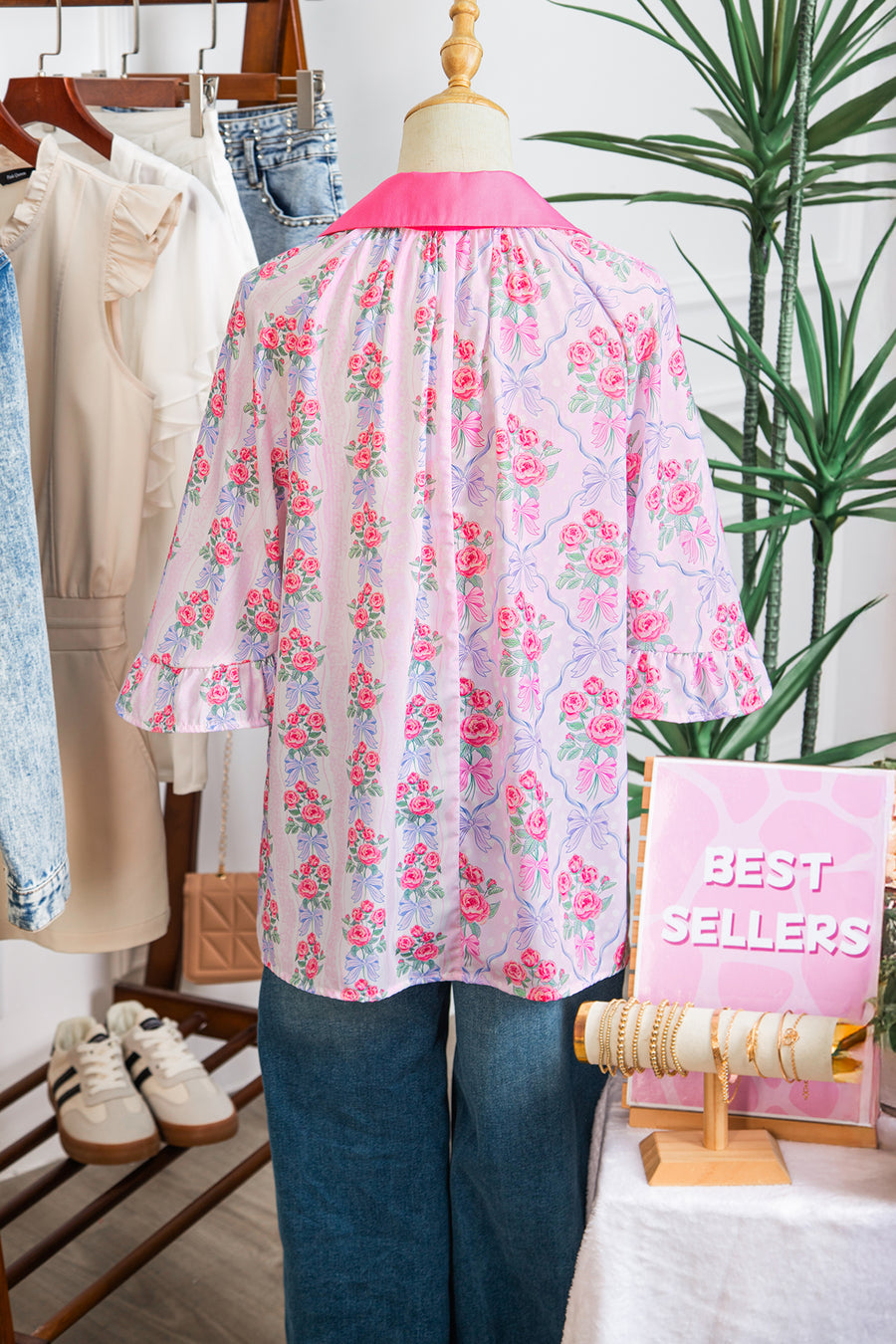 Bright Pink Bow Bouquets Collared Ruffled Short Sleeve Button-Up Blouse