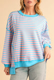 Pink & Turquoise Striped Contrast Trim High-Low Tunic Sweatshirt