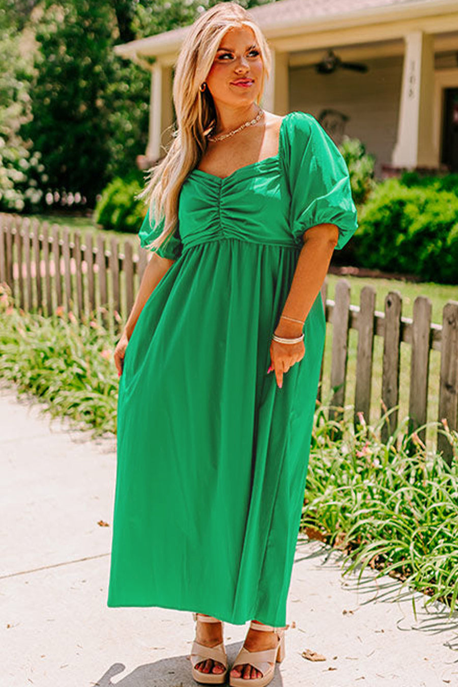 Bright Green Ruched Front Puff Sleeve Plus Size Maxi Dress
