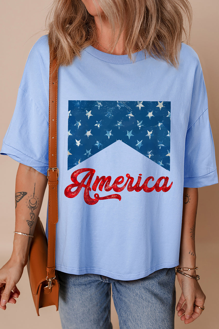 Light Blue America Star Print Relaxed Fit Graphic T-Shirt