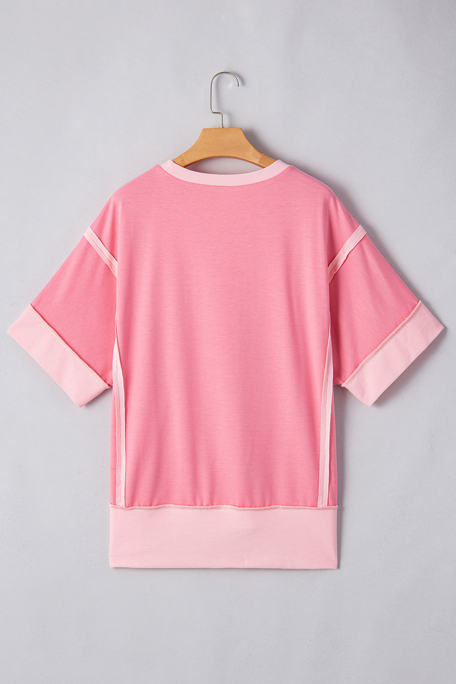 Peach Exposed Seam High-Low Side Slit Short Sleeve T-Shirt