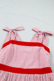 Red Striped Tie Straps Contrast Trim High Waist Ruffle Hem Maxi Dress