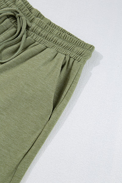 Jungle Green Solid Color Ruffle Hem Wide Leg Pants