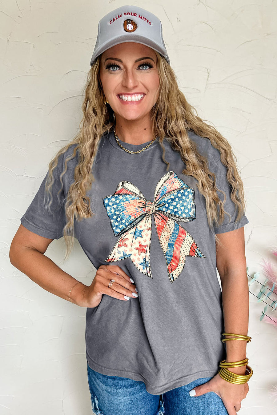 Gray American Flag Bow Patchwork Print Crew Neck Graphic T-Shirt
