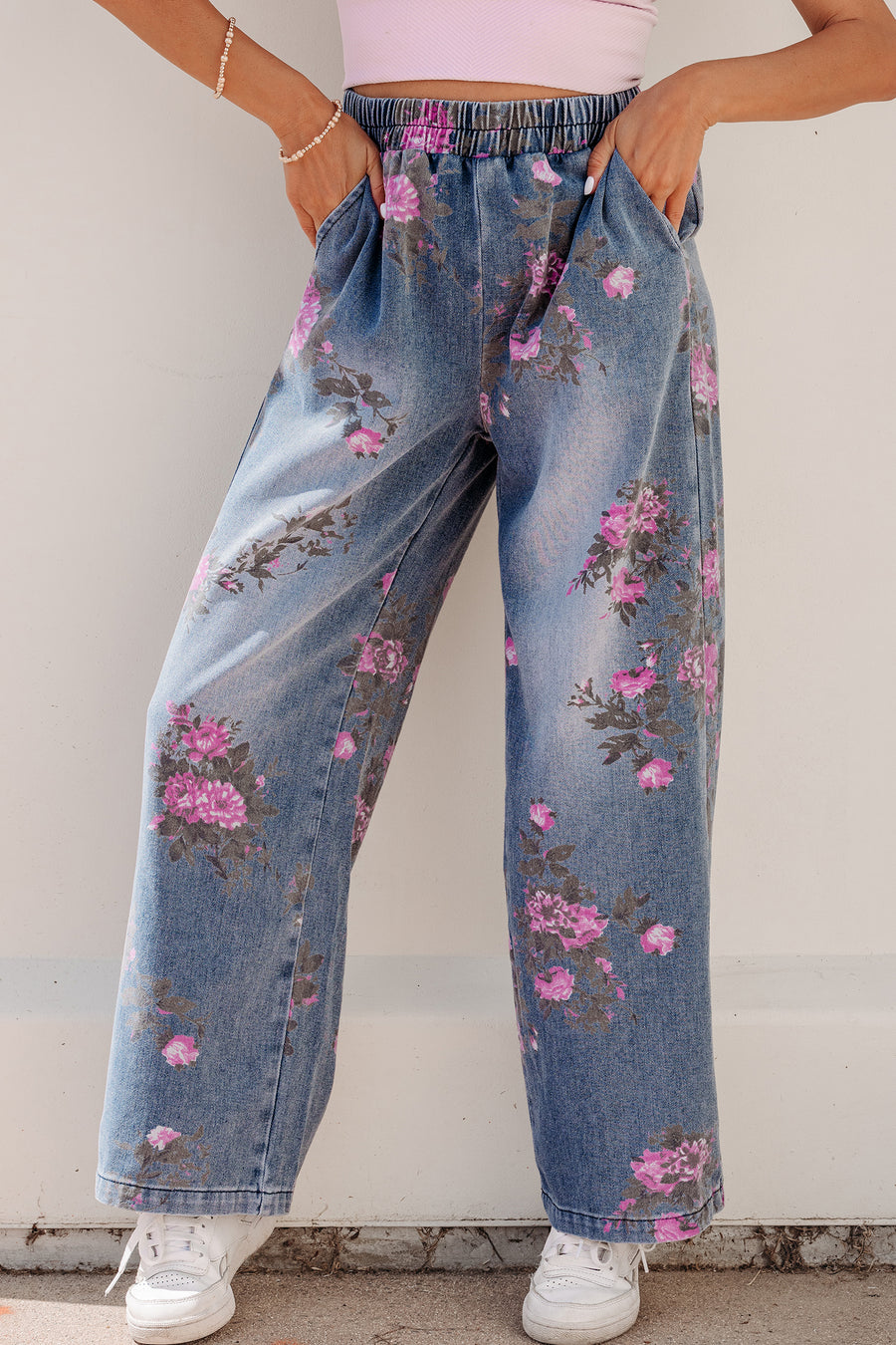Floral Print Elastic Waist Pull-On Jeans