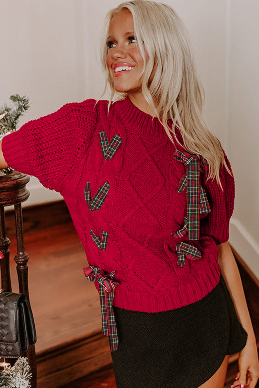 Plaid Lace-Up Puff Short Sleeve Sweater- 2 Colors