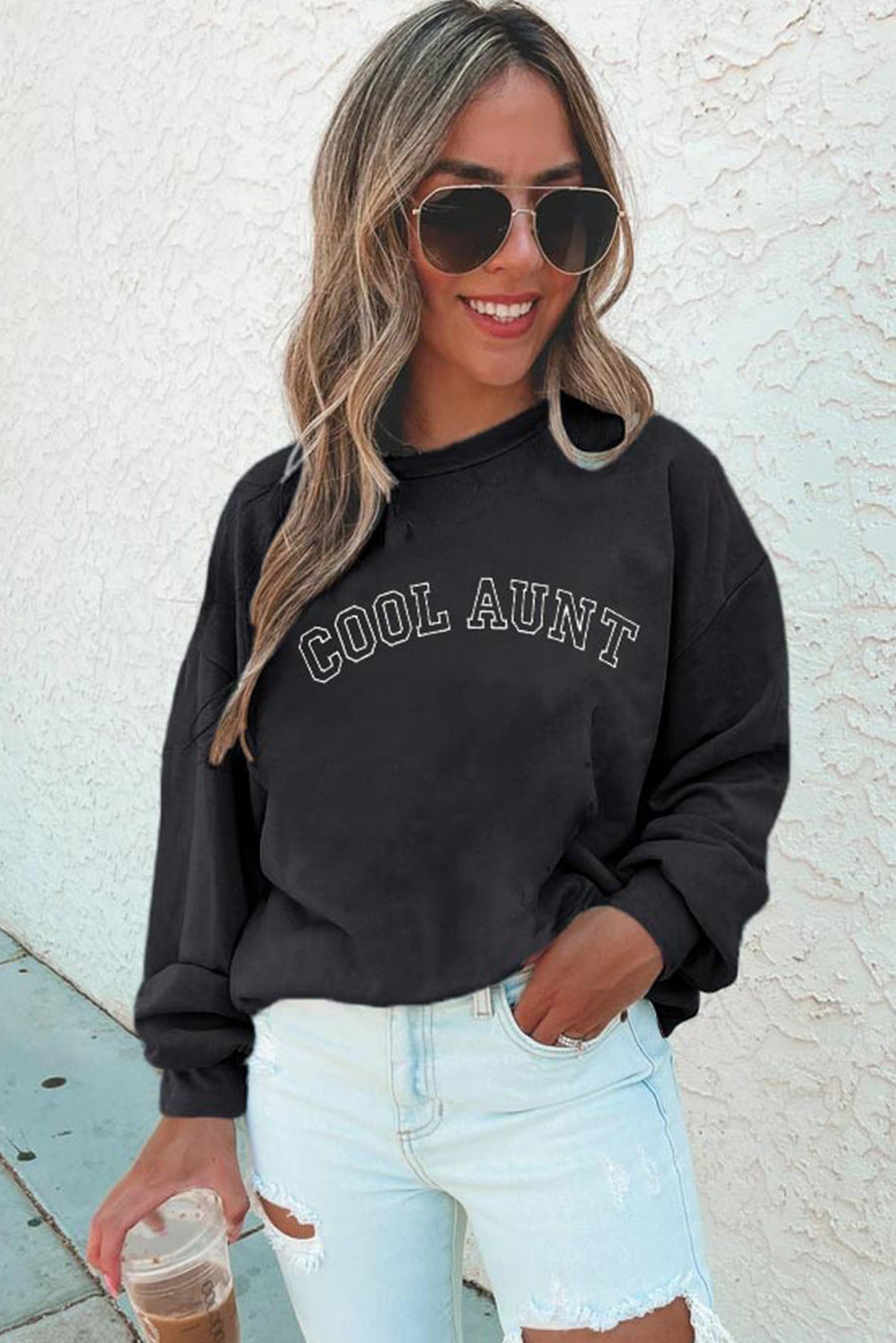 Black COOL AUNT Embroidered Letters Sweatshirt