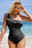Solid Color Ruffle Trim One-Shoulder One-Piece Swimsuit- 3 Colors