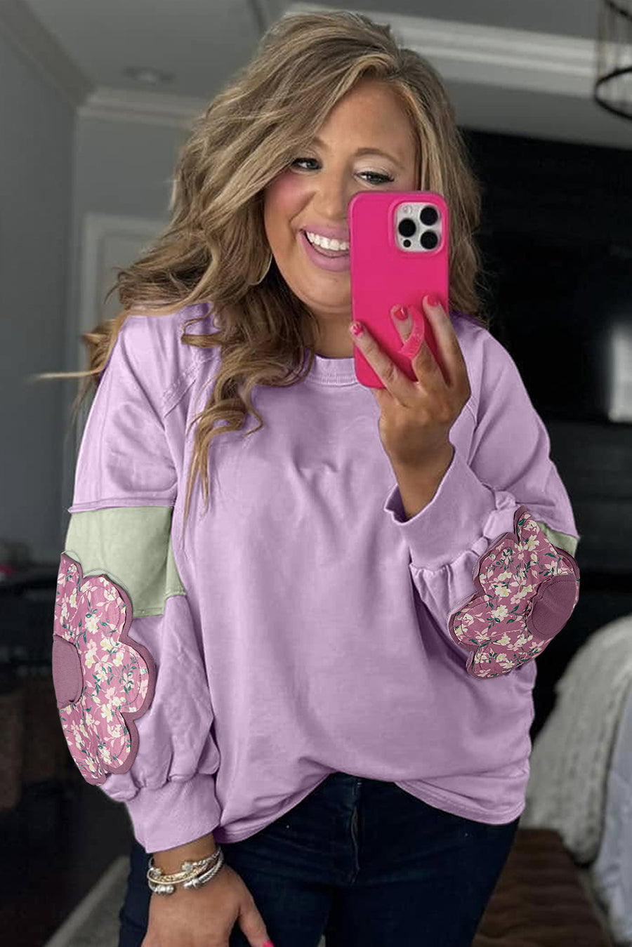 Plus Size Lavender Floral Patched Color Block Pullover Shirt