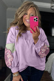 Plus Size Lavender Floral Patched Color Block Pullover Shirt