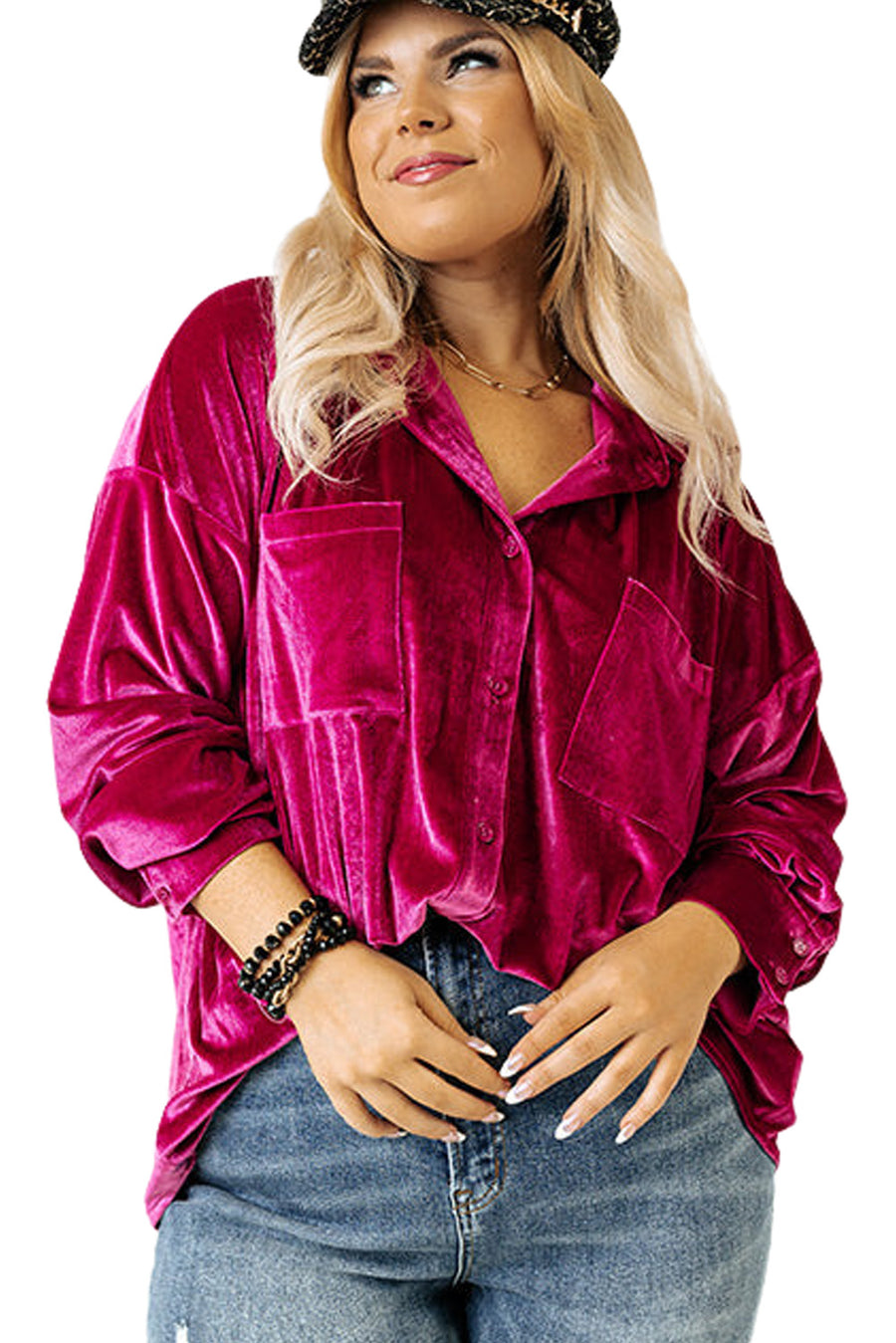 Plus Size Bright Pink Velvet Chest Pocket Drop Shoulder Shirt