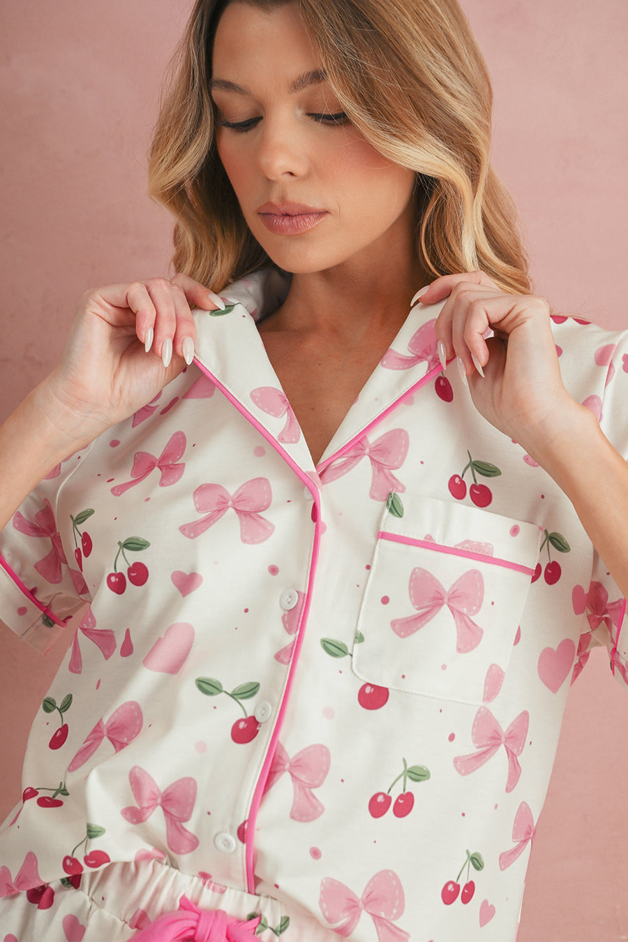 Bow Print Button-Up V-Neck Short Sleeve Top and Ruffle Hem Shorts Pajama Set- 2 Styles