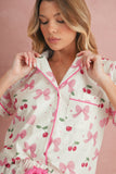 Bow Print Button-Up V-Neck Short Sleeve Top and Ruffle Hem Shorts Pajama Set- 2 Styles
