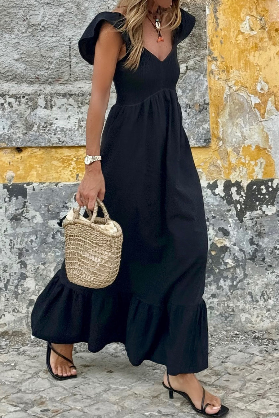 V-Neck Flutter Sleeve Smocked Bodice High Waist Ruffle Maxi Dress with Pockets- 2 Colors