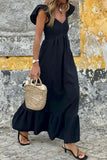 V-Neck Flutter Sleeve Smocked Bodice High Waist Ruffle Maxi Dress with Pockets- 2 Colors