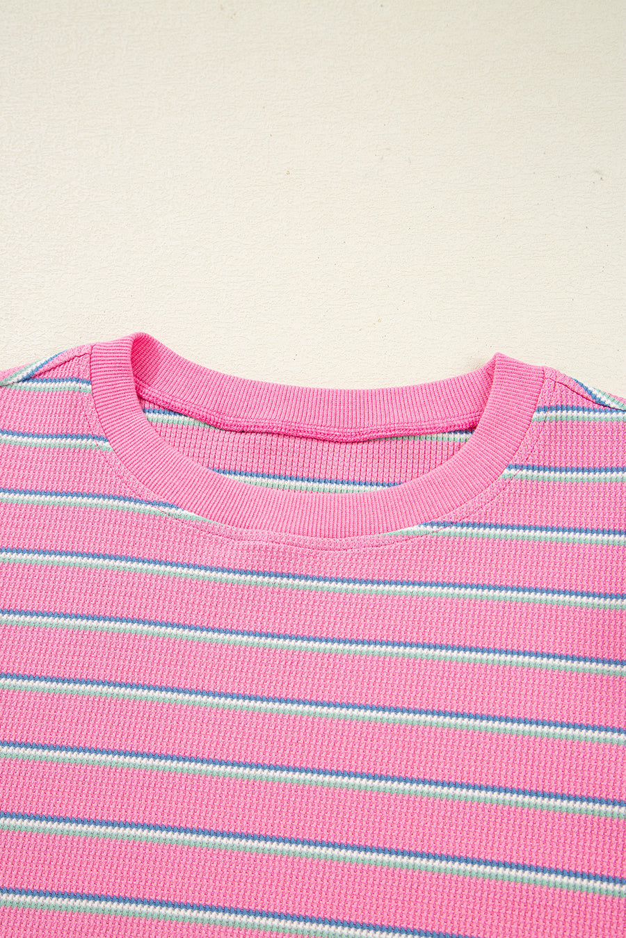 Pink Striped Textured Knit Puff Sleeve Crew Neck Top